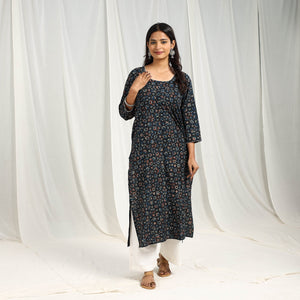 Blue - Block Printed Cotton Straight Ajrakh Kurta 11