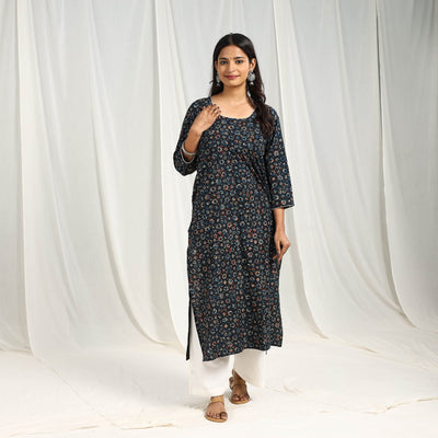 Blue - Block Printed Cotton Straight Ajrakh Kurta 11