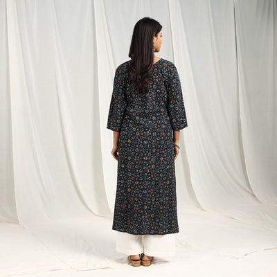 Blue - Block Printed Cotton Straight Ajrakh Kurta 11