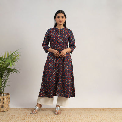 Blue - Hand Block Print Cotton A-Line Ajrakh Kurta 05