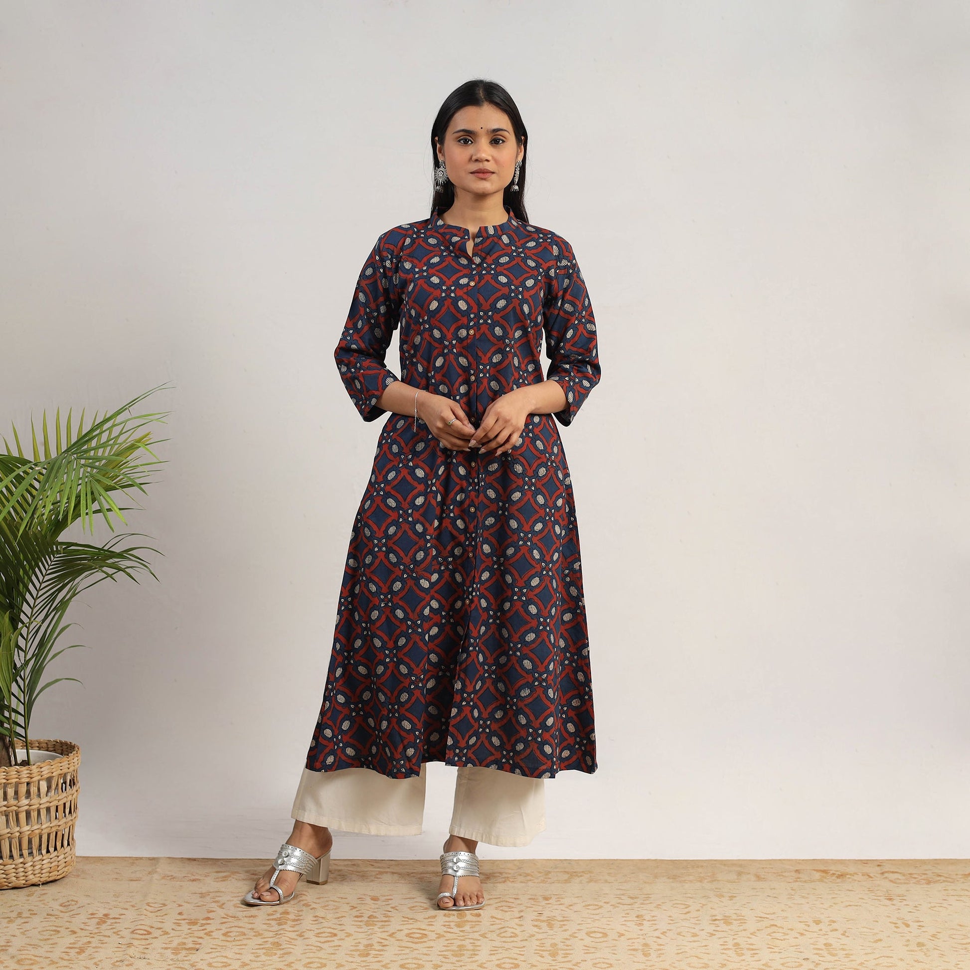 Blue - Hand Block Print Cotton A-Line Ajrakh Kurta 05