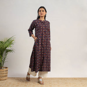 Blue - Hand Block Print Cotton A-Line Ajrakh Kurta 05
