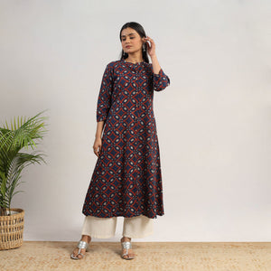 Blue - Hand Block Print Cotton A-Line Ajrakh Kurta 05