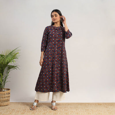 Blue - Hand Block Print Cotton A-Line Ajrakh Kurta 05
