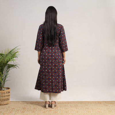 Blue - Hand Block Print Cotton A-Line Ajrakh Kurta 05