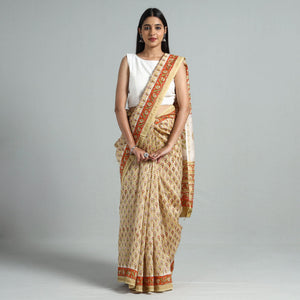 Beige - Block Printed Chanderi Silk Sanganeri Saree