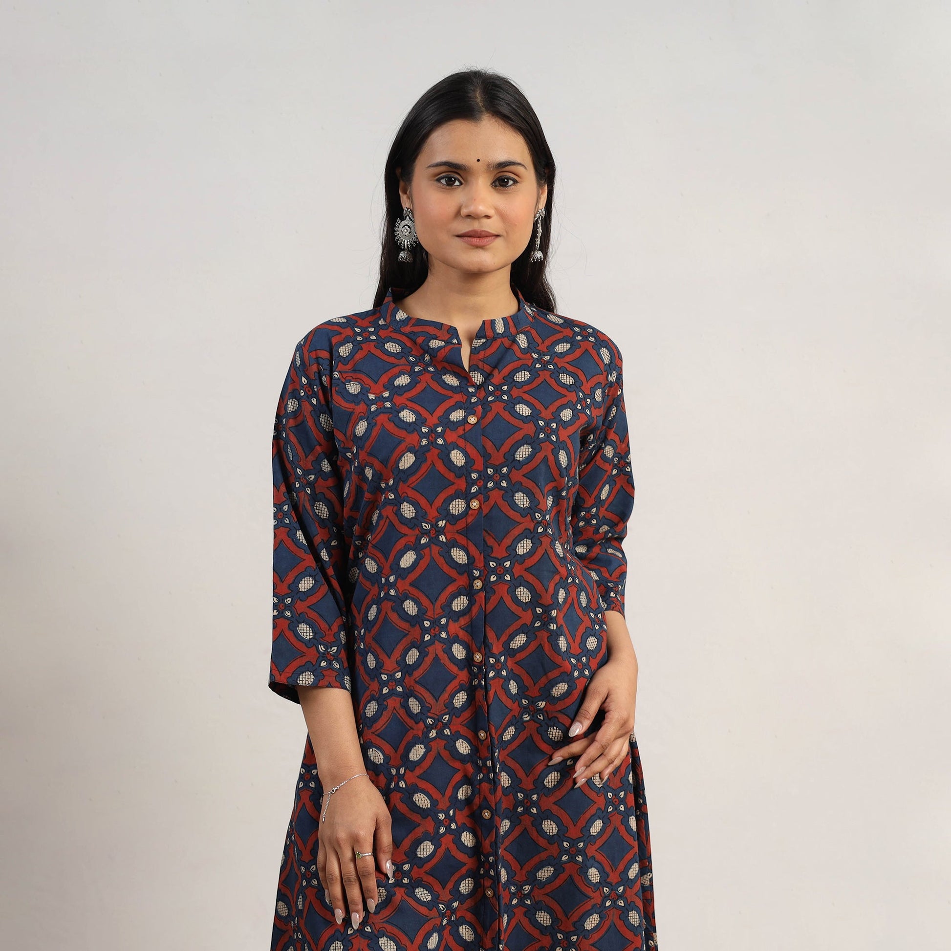 Blue - Hand Block Print Cotton A-Line Ajrakh Kurta 05