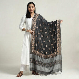 Black - Bolpur Kantha Embroidery Cotton Handloom Dupatta with Tassels