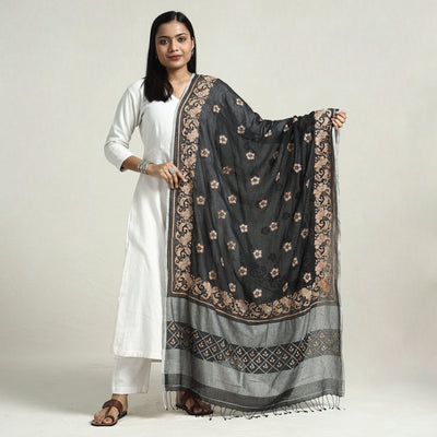 Black - Bolpur Kantha Embroidery Cotton Handloom Dupatta with Tassels