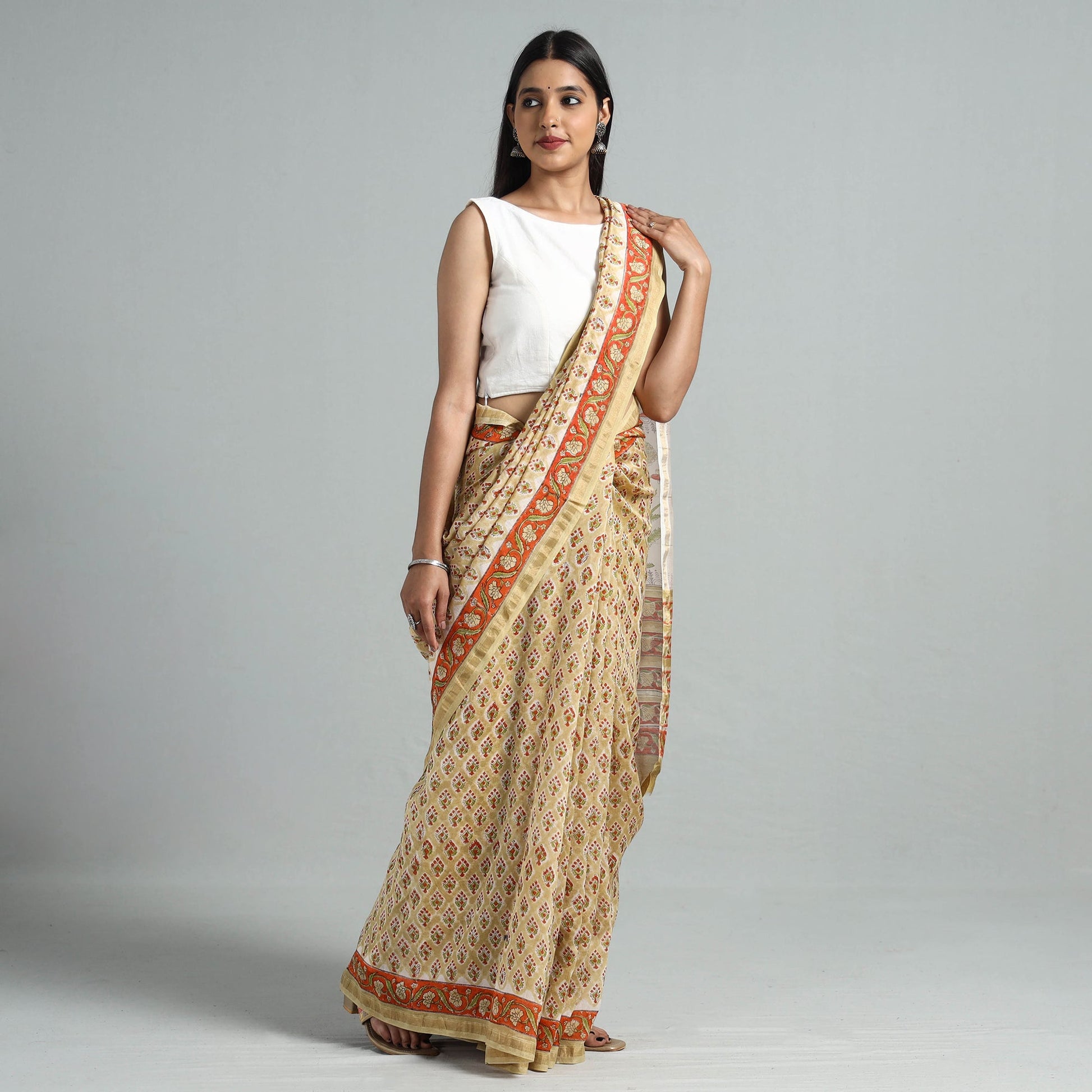 Beige - Block Printed Chanderi Silk Sanganeri Saree