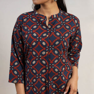 Blue - Hand Block Print Cotton A-Line Ajrakh Kurta 05