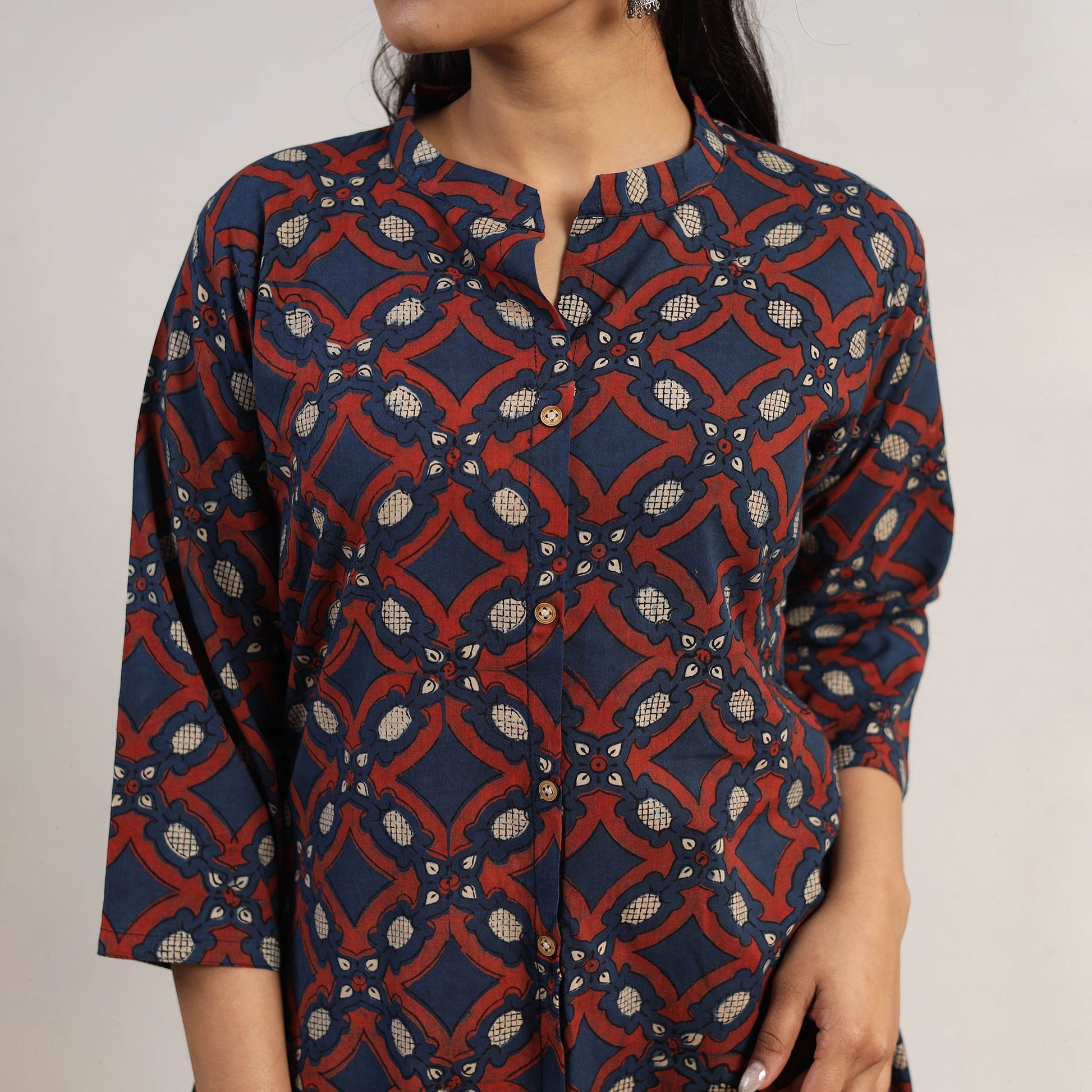 Blue - Hand Block Print Cotton A-Line Ajrakh Kurta 05