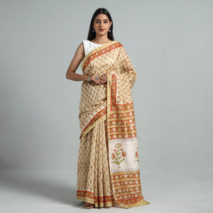 Beige - Block Printed Chanderi Silk Sanganeri Saree