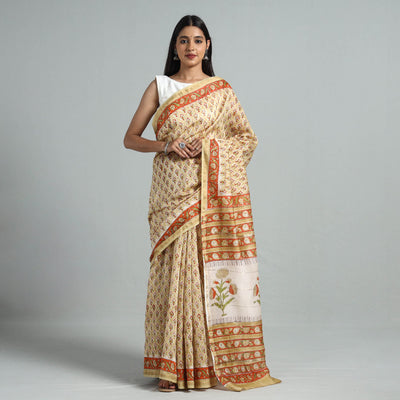 Beige - Block Printed Chanderi Silk Sanganeri Saree