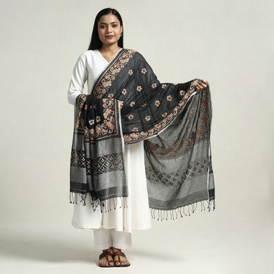 Black - Bolpur Kantha Embroidery Cotton Handloom Dupatta with Tassels