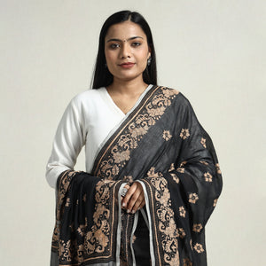 Black - Bolpur Kantha Embroidery Cotton Handloom Dupatta with Tassels
