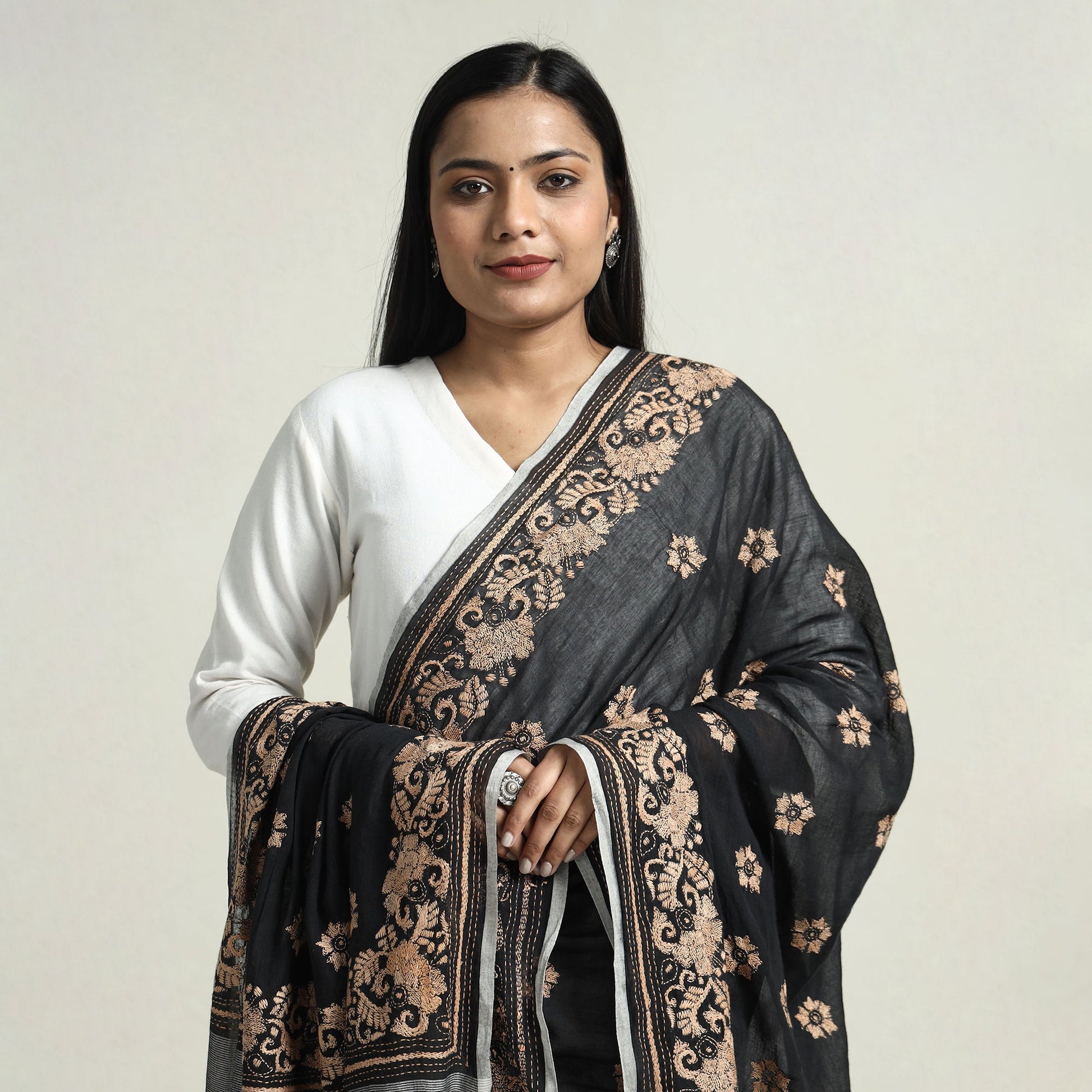 Black - Bolpur Kantha Embroidery Cotton Handloom Dupatta with Tassels