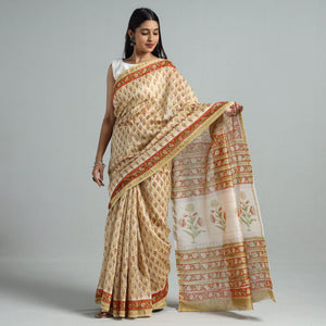 Beige - Block Printed Chanderi Silk Sanganeri Saree