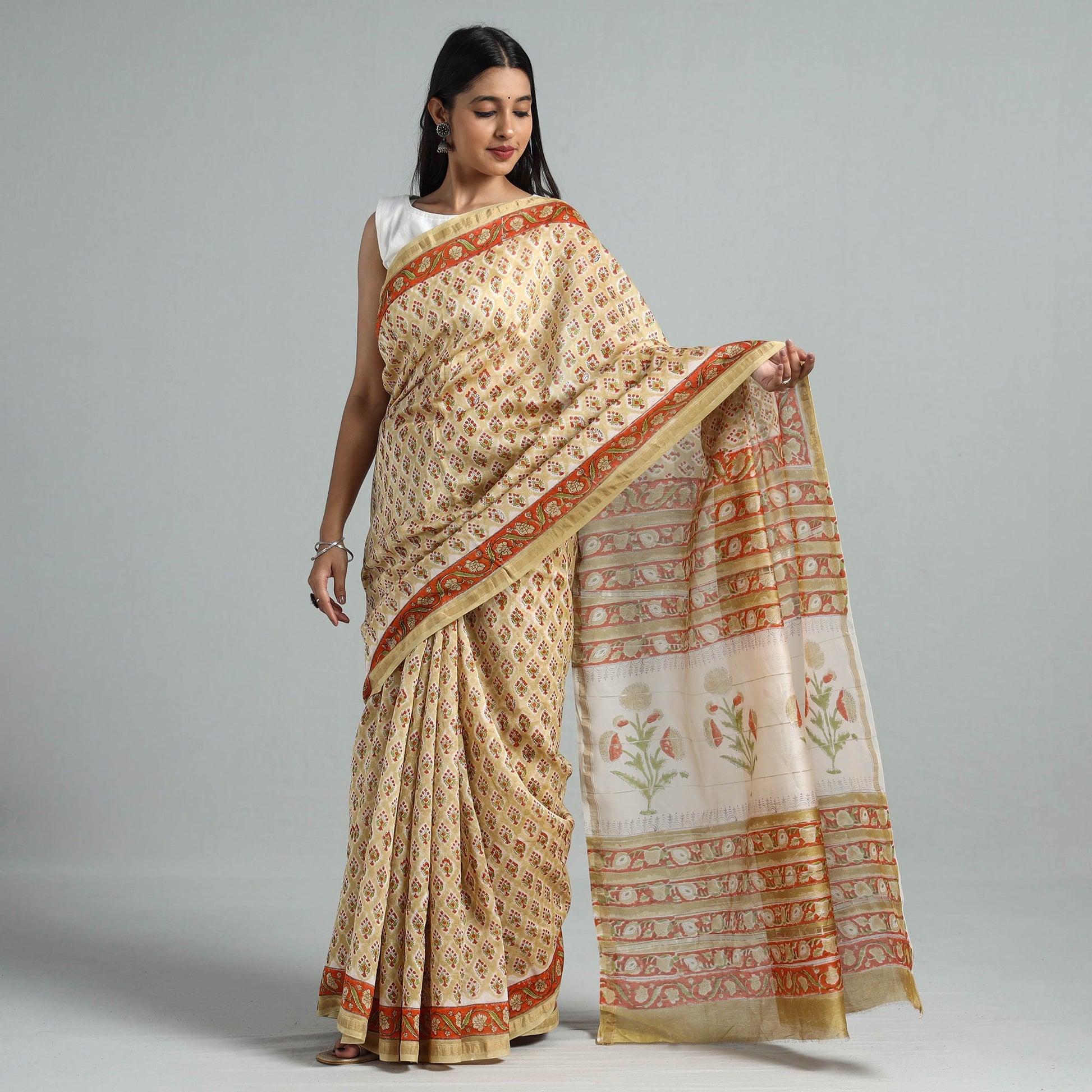 Beige - Block Printed Chanderi Silk Sanganeri Saree