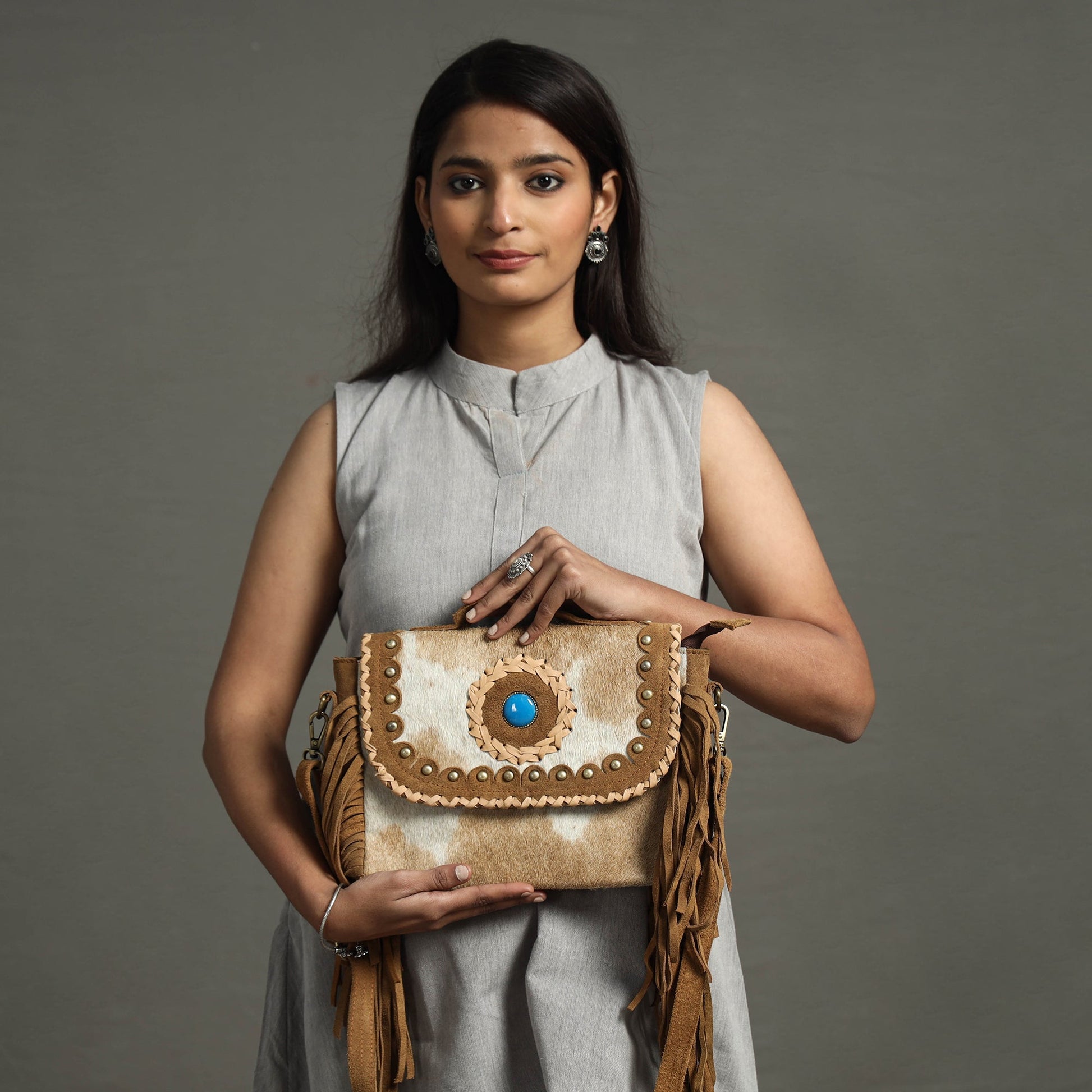 Brown - Handcrafted Fur Leather Fringe Sling Bag with Blue Stone