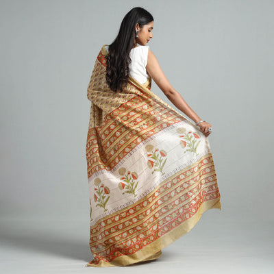 Beige - Block Printed Chanderi Silk Sanganeri Saree