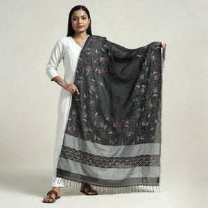 Black - Bolpur Kantha Embroidery Cotton Handloom Dupatta with Tassels