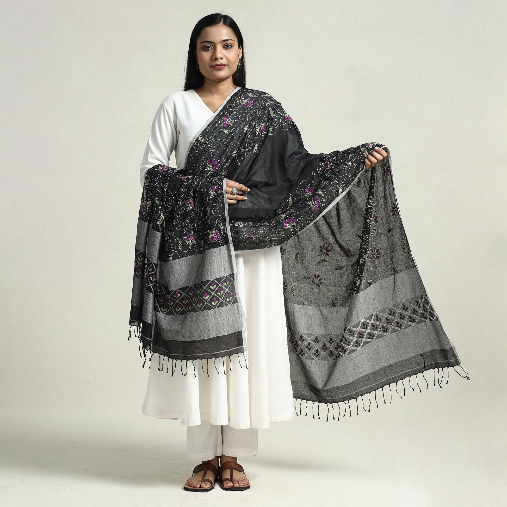 Black - Bolpur Kantha Embroidery Cotton Handloom Dupatta with Tassels