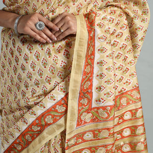 Beige - Block Printed Chanderi Silk Sanganeri Saree