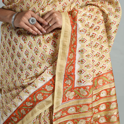 Beige - Block Printed Chanderi Silk Sanganeri Saree