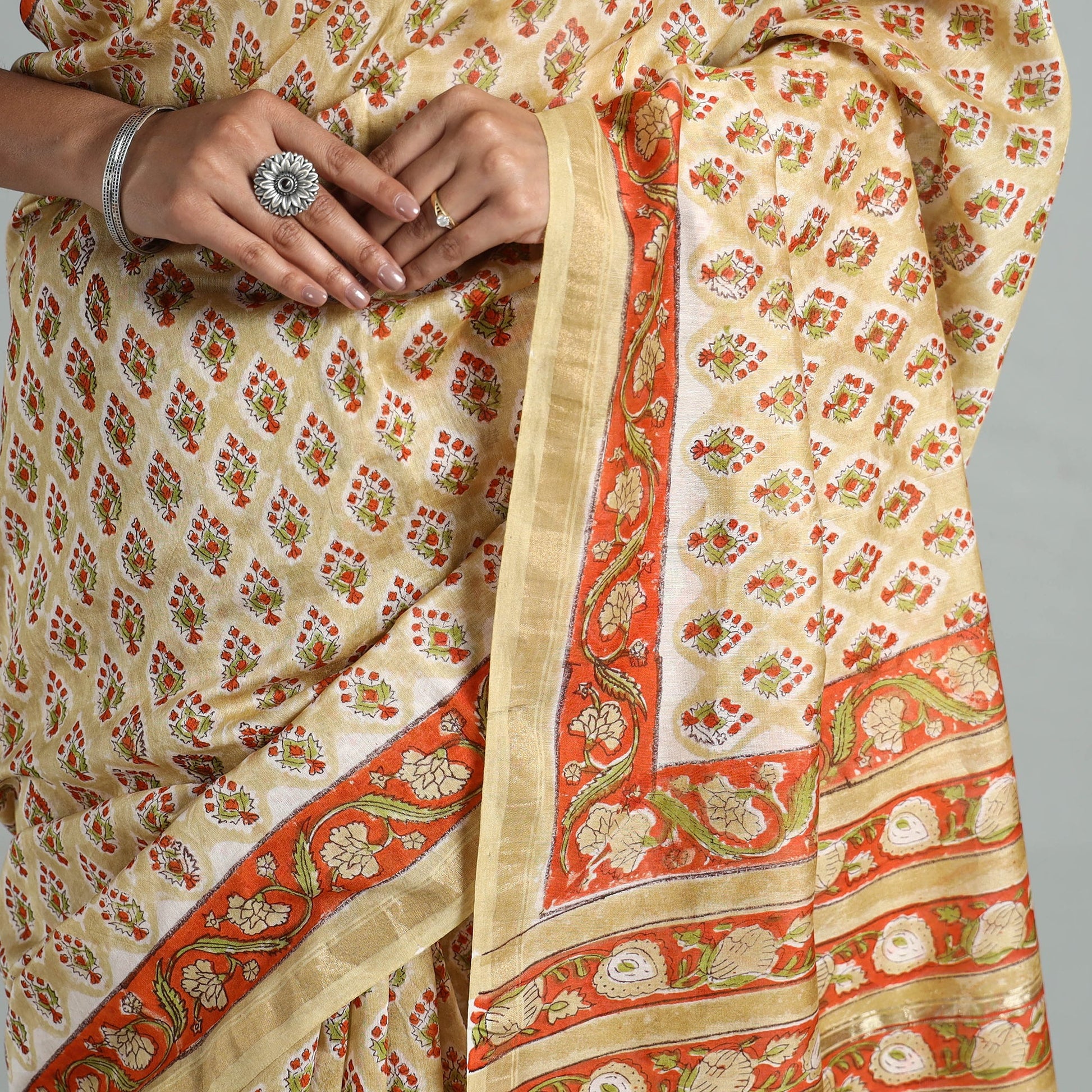 Beige - Block Printed Chanderi Silk Sanganeri Saree