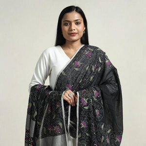 Black - Bolpur Kantha Embroidery Cotton Handloom Dupatta with Tassels