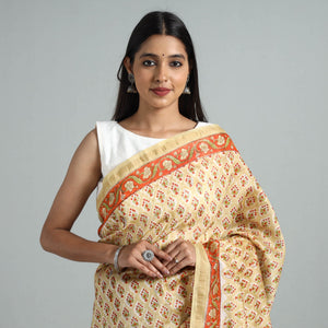 Beige - Block Printed Chanderi Silk Sanganeri Saree