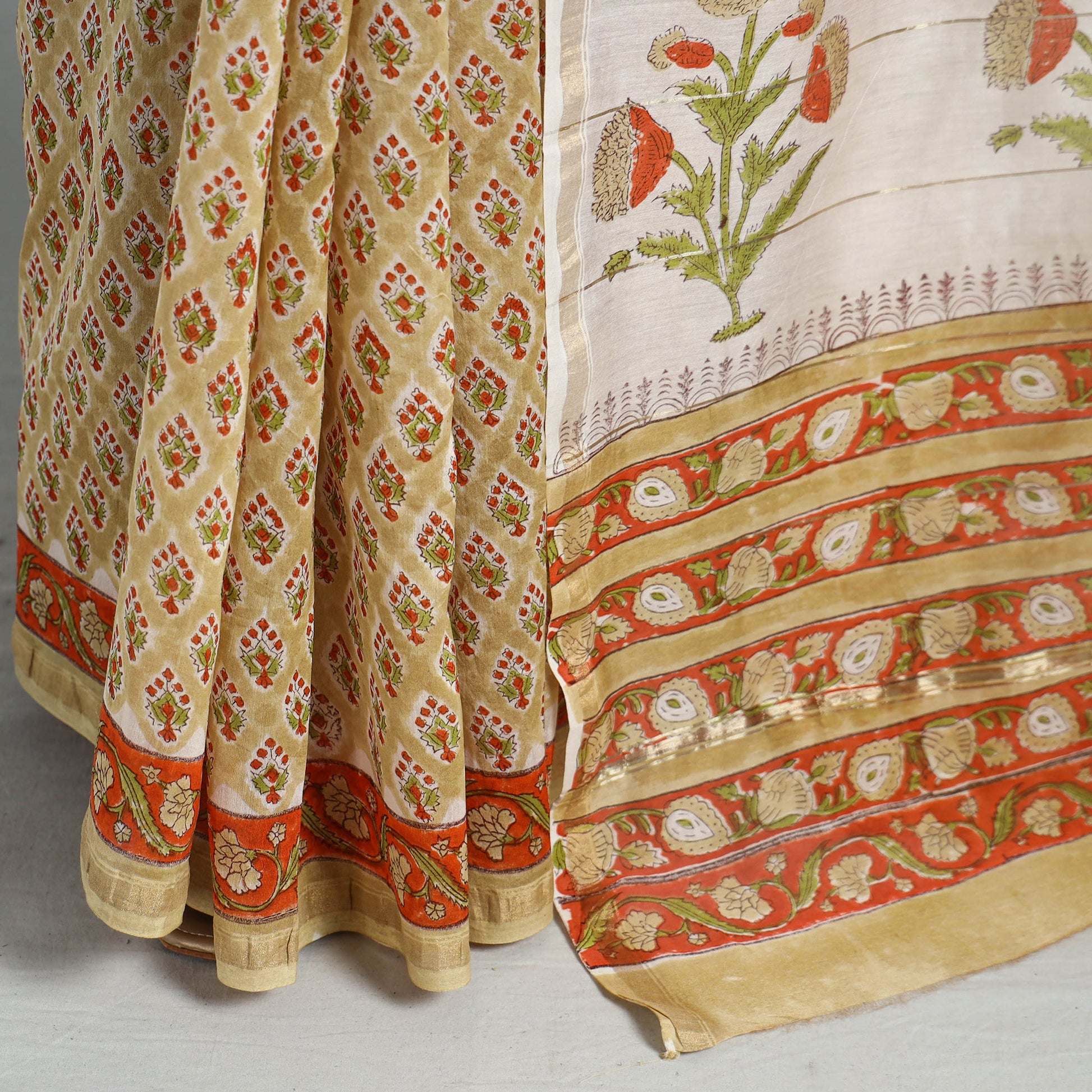 Beige - Block Printed Chanderi Silk Sanganeri Saree