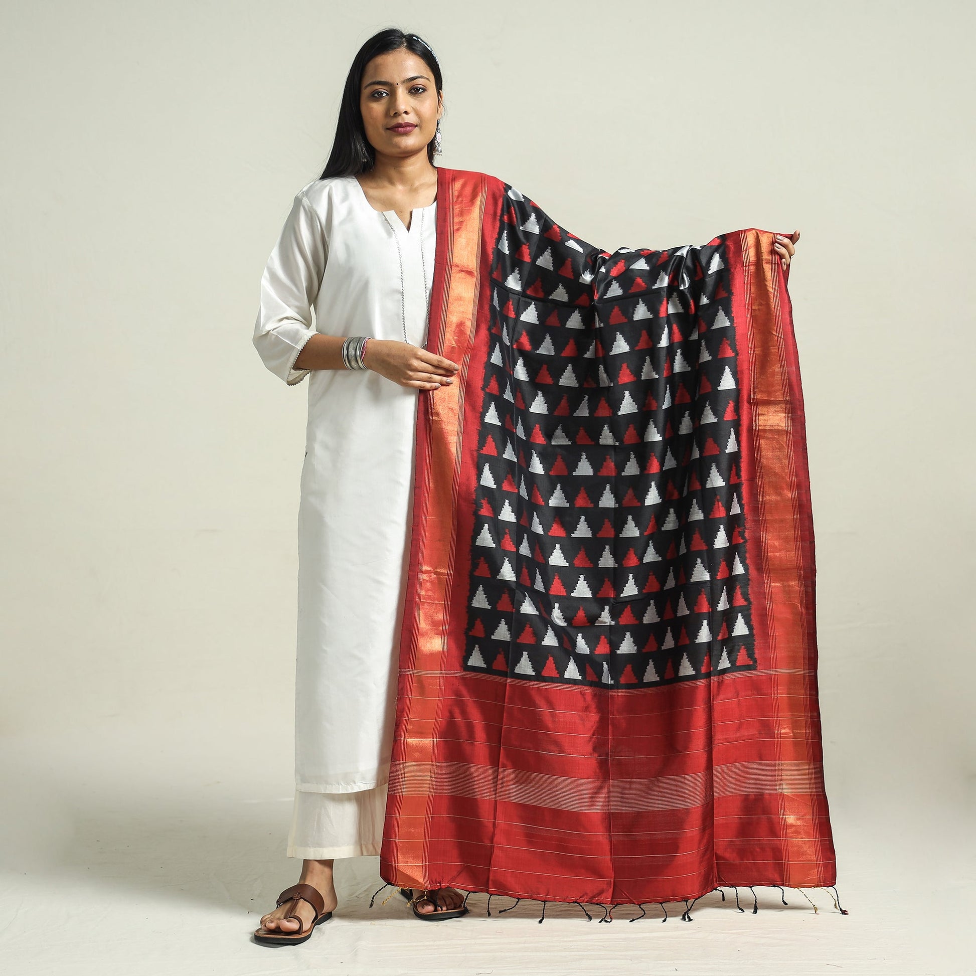 Black - Handwoven Pochampally Ikat Pure Mulberry Silk Dupatta with Tassels