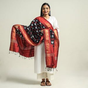 Black - Handwoven Pochampally Ikat Pure Mulberry Silk Dupatta with Tassels