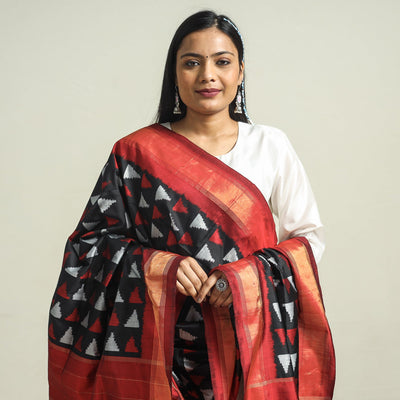 Black - Handwoven Pochampally Ikat Pure Mulberry Silk Dupatta with Tassels