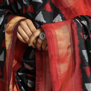 Black - Handwoven Pochampally Ikat Pure Mulberry Silk Dupatta with Tassels