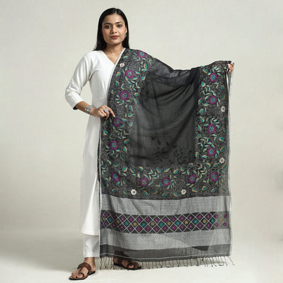 Black - Bolpur Kantha Embroidery Cotton Handloom Dupatta with Tassels