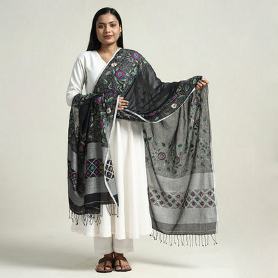 Black - Bolpur Kantha Embroidery Cotton Handloom Dupatta with Tassels