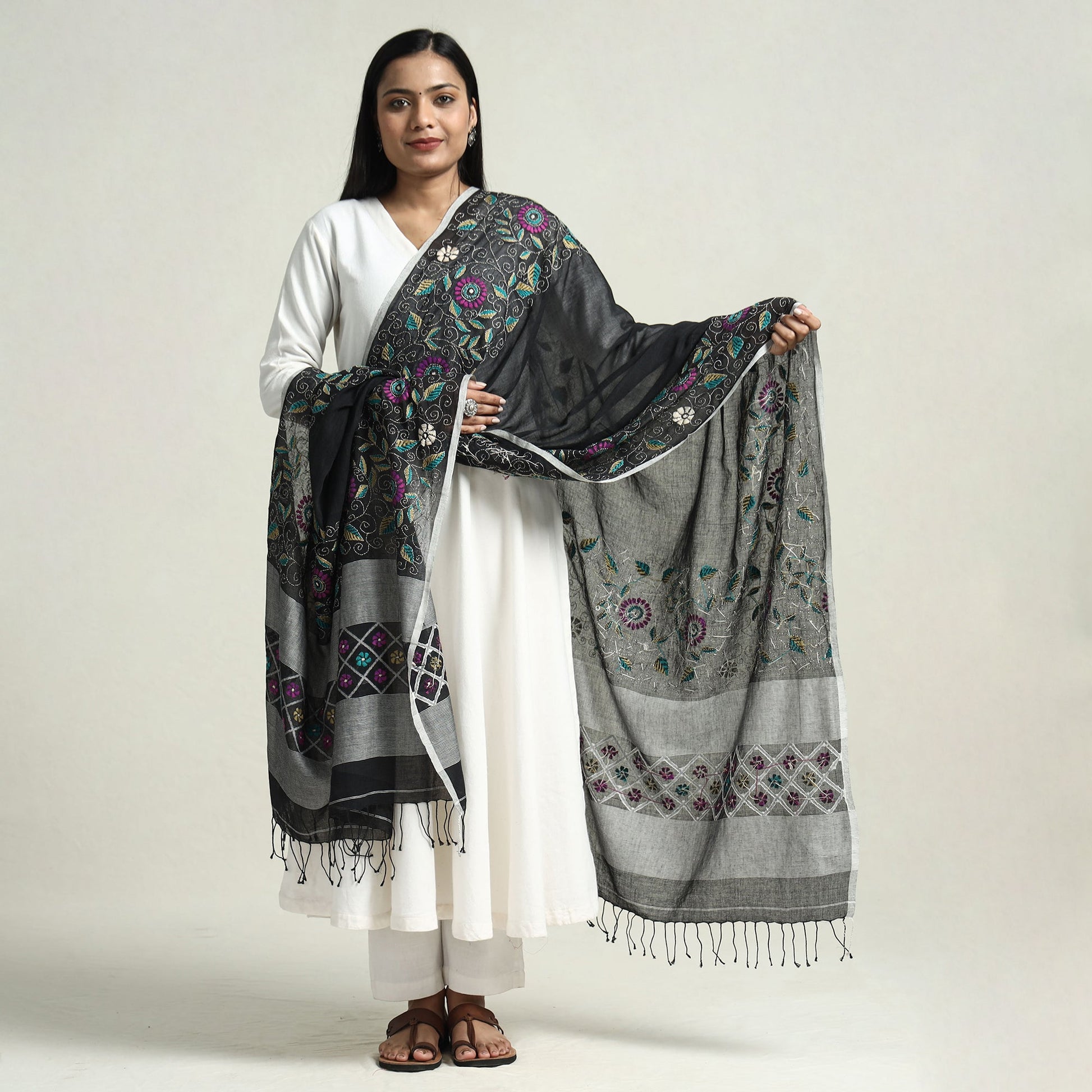 Black - Bolpur Kantha Embroidery Cotton Handloom Dupatta with Tassels