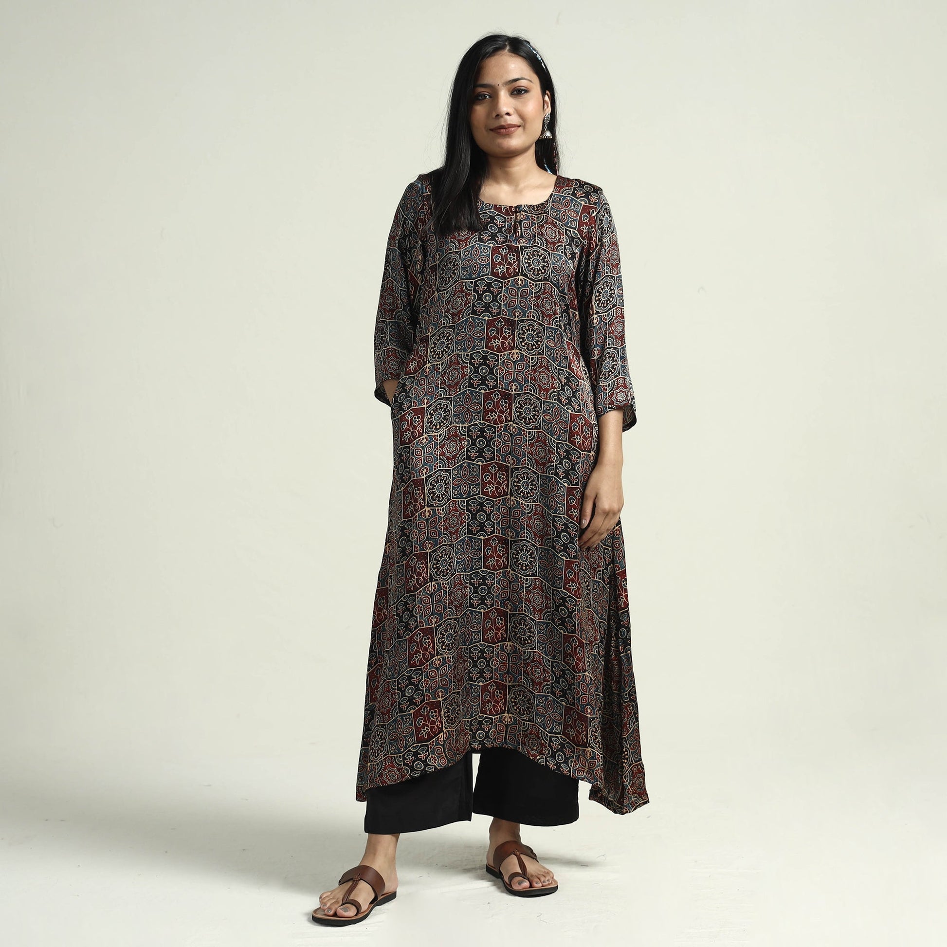 Black - Ajrakh Block Printed Modal Silk Kurta with Palazzo Set