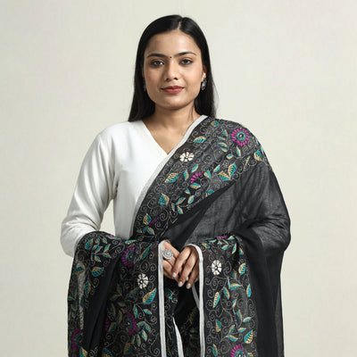 Black - Bolpur Kantha Embroidery Cotton Handloom Dupatta with Tassels