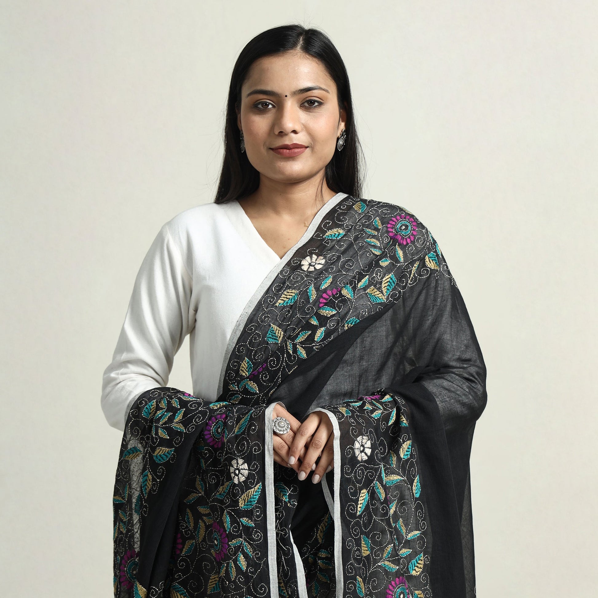 Black - Bolpur Kantha Embroidery Cotton Handloom Dupatta with Tassels