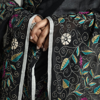 Black - Bolpur Kantha Embroidery Cotton Handloom Dupatta with Tassels