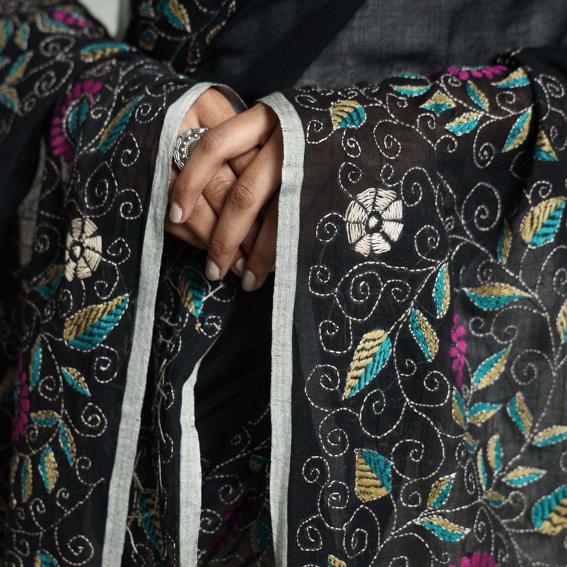Black - Bolpur Kantha Embroidery Cotton Handloom Dupatta with Tassels