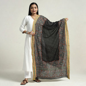 Black - Bolpur Kantha Embroidery Cotton Handloom Dupatta with Tassels