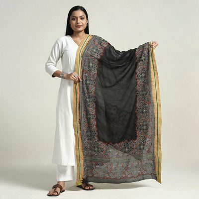 Black - Bolpur Kantha Embroidery Cotton Handloom Dupatta with Tassels