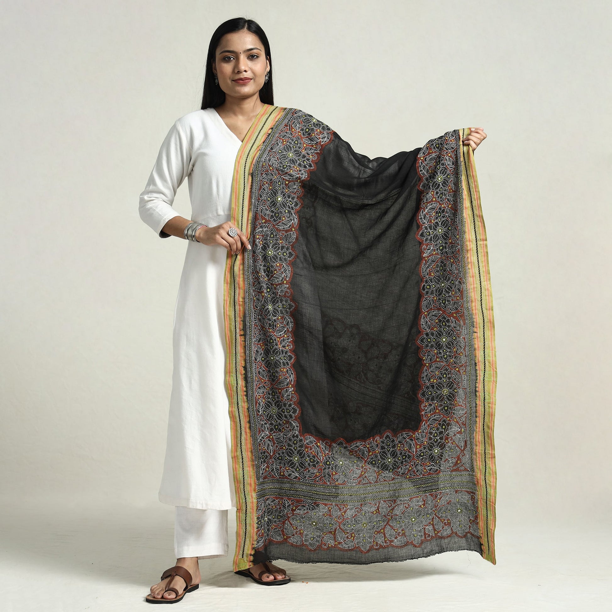 Black - Bolpur Kantha Embroidery Cotton Handloom Dupatta with Tassels
