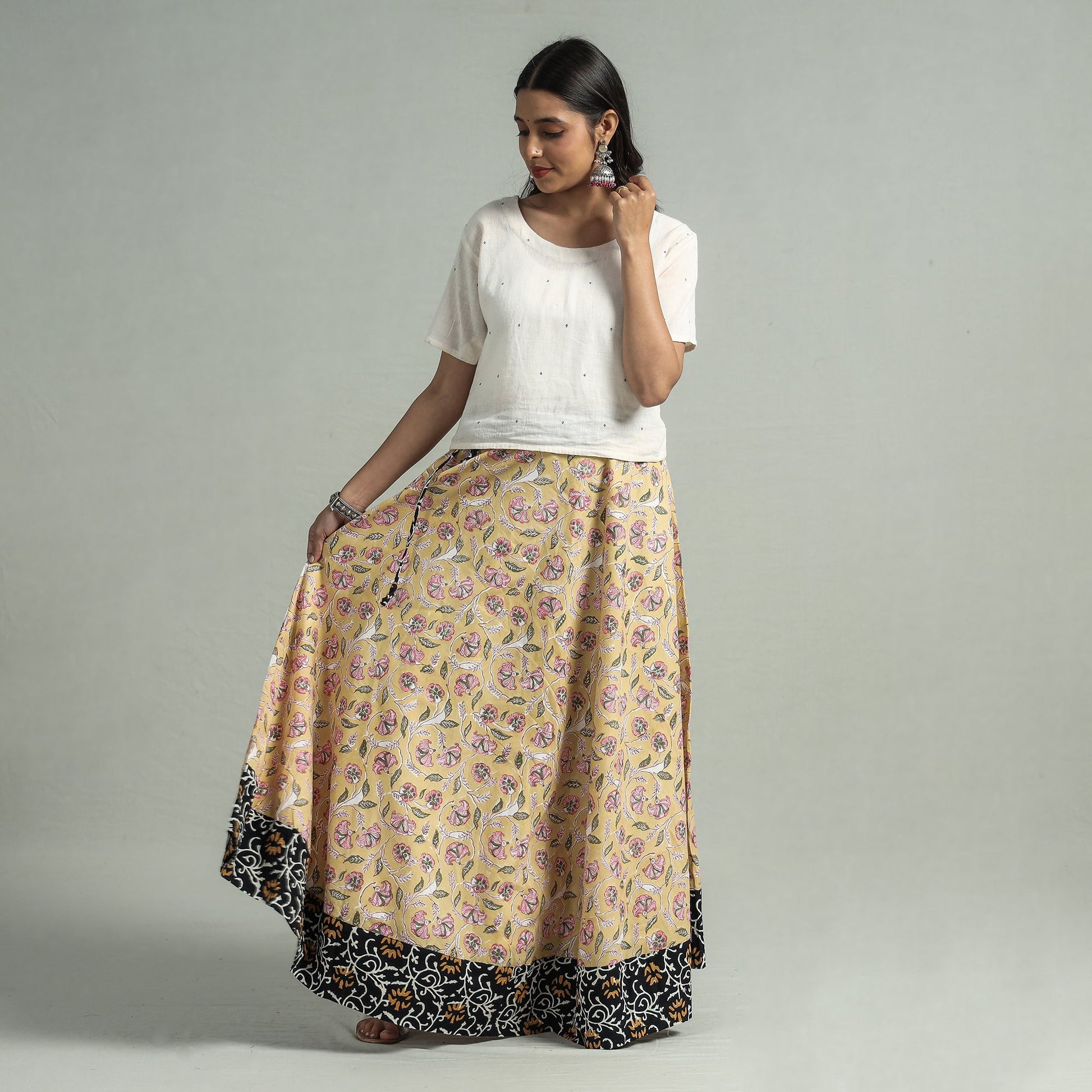 Beige - Sanganeri Block Printed Cotton Long Skirt