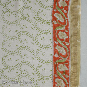 Beige - Block Printed Chanderi Silk Sanganeri Saree